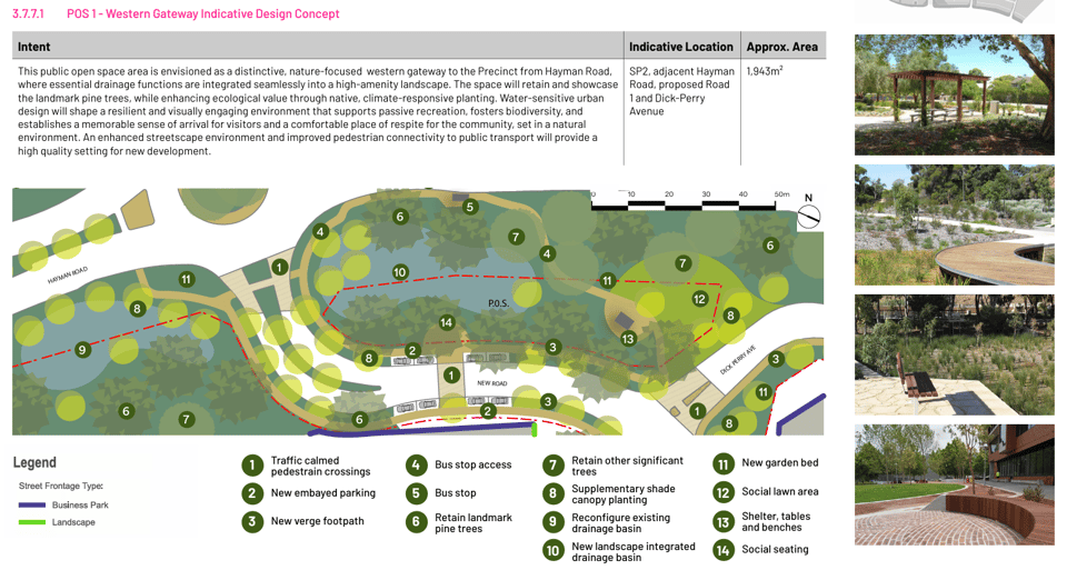 Labelled image of the indicative design for the Hayman Road Public Open Space