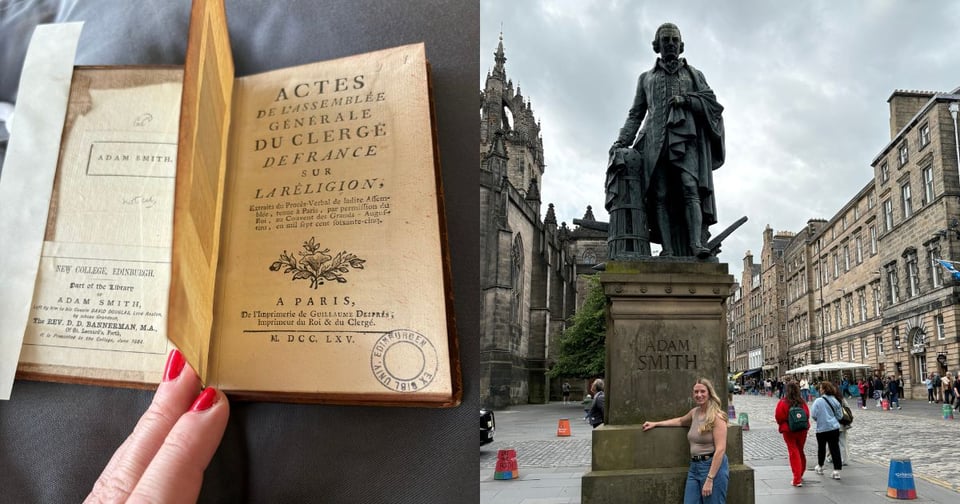 A person holds an old book titled 'Actes de l'Assemblée Générale du Clergé de France sur la Religion' with Adam Smith's name on the cover, while another scene shows a woman standing beside the statue of Adam Smith in Edinburgh, surrounded by historic buildings and pedestrians.