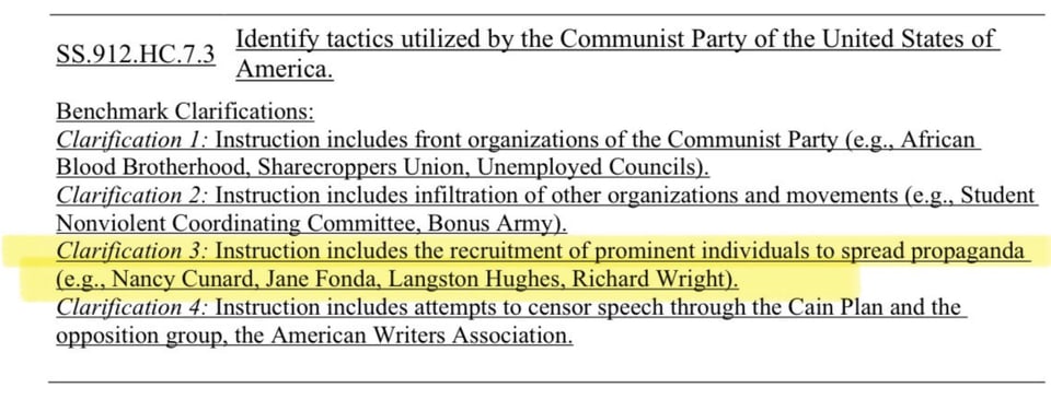 Image from the Florida State Standards for Social Studies update. The highlighted portion reads "Clarification 3: Instruction includes the recruitment of prominent individuals to spread propaganda (e.g., Nancy Cunard, Jane Fonda, Langston Hughes, Richard Wright).