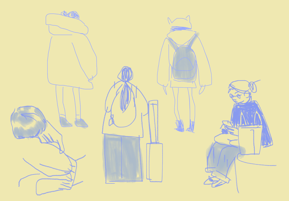 a pencil sketch of various people waiting for things at a train station. some are sitting, standing, or sleeping.