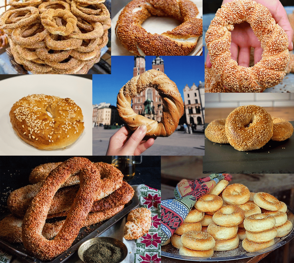 A selection of related breads - round with holes and sesame seeds