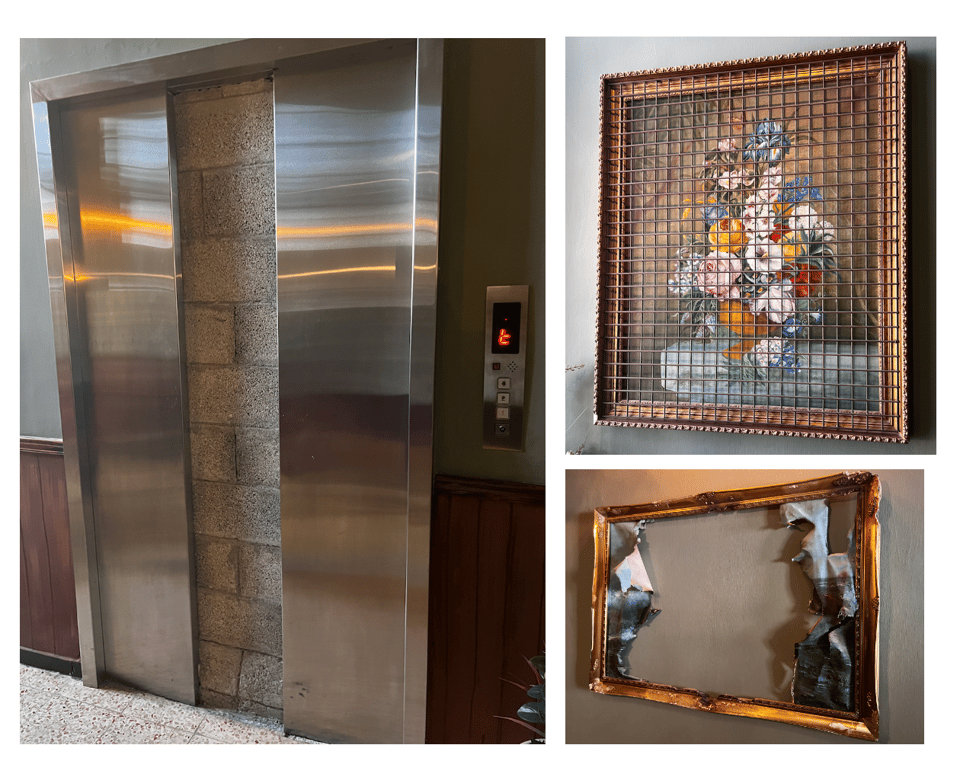 Three images: The first appears like a regular stainless steel elevator, but on closer look one can see that there is a concrete wall behind the slightly open doors.  Two framed paintings: one of flowers, covered with mesh bars; the other, the frame holds the remains of a torn and burned picture 