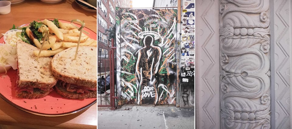 three images: left, a bad pastrami sandwich and French fries on a red plate; center, graffiti of a sorta human figure in white outline, with background green, brown and other swirls of color, with LOVE at the bottom of the figure along with an artist tag; right, gray detail of carvings in the archway of an apartment building, a sort of deco design that has an Aztec quality to it