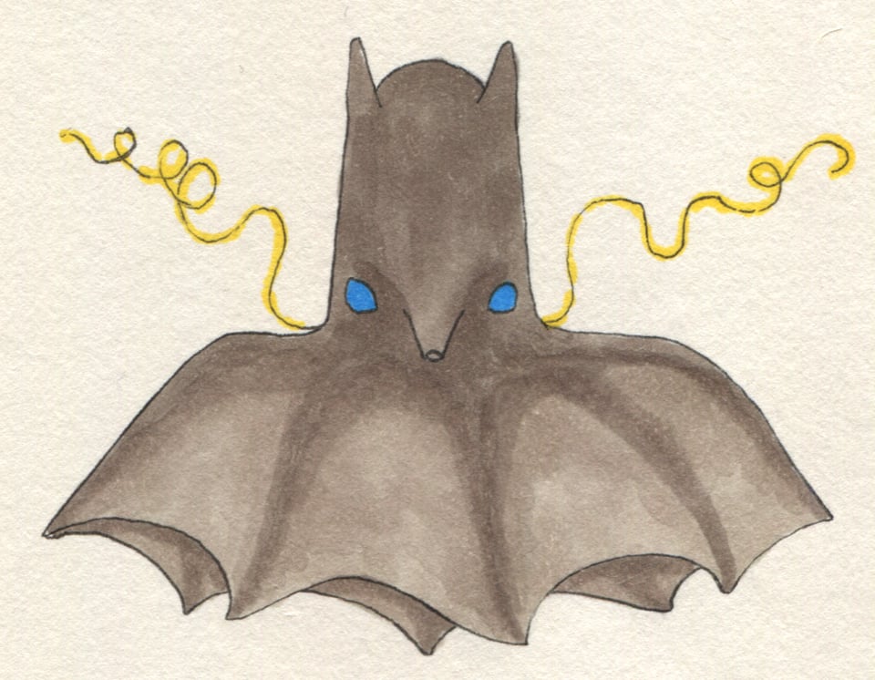 Drawing of a vampire squid styled to look like the head and shoulders of Batman. The two fins are his pointy bat-ears; the arm web is his cape. The siphon is the beaklike nose of his mask. The blue eyes glare at the viewer intensely. Two thin yellow tendrils writhe into space on either side of the head. These are the feeding tendrils of the vampire squid and have no batman-equivalent.