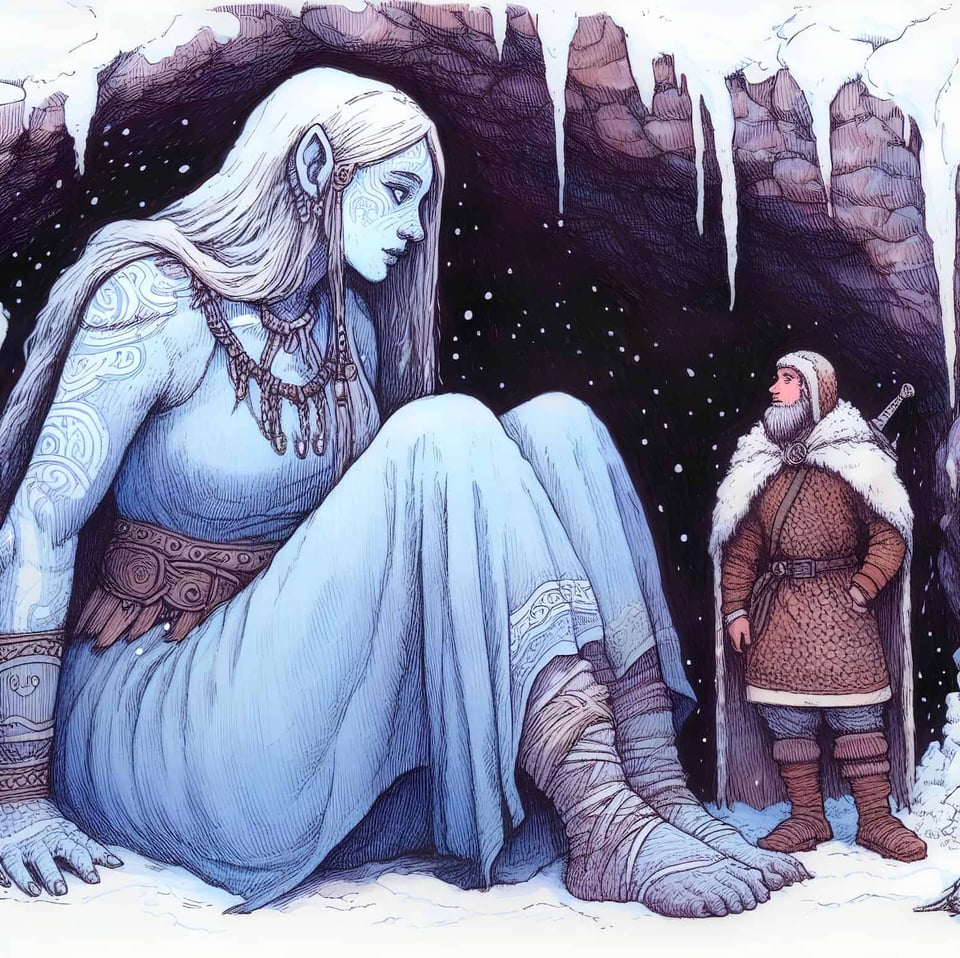 Illustration of a giantess in robes, jewelry, foot wraps, crouched in a cave and conferring with a smaller man in furs and boots. Her ears are pointed and her skin is blue, with swirling tattoos over her shoulders and biceps.