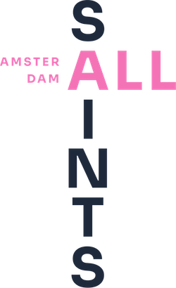 The logo of All Saints Amsterdam shows our name written in cross form. The sans serif letters are black and pink.