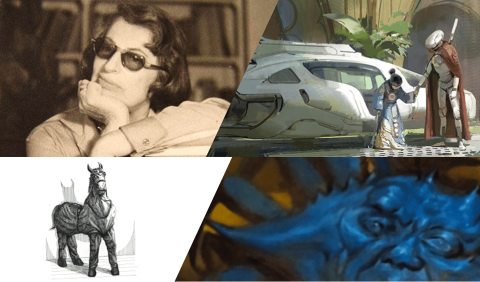 A collage of four images, clockwise from top-left: a sepia-toned photo of Silvina Ocampo, a detail from the cover art of the April 2025 issue of Clarkesworld, a detail from the cover of Seize the Press #12, and a picture of a pantomime horse taken from the Nightmare website