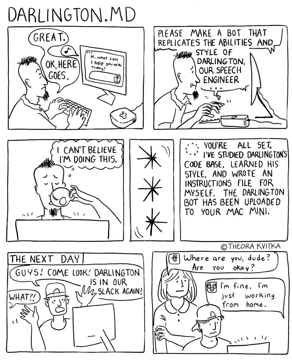 A six panel comic showing Frank, CTO, working with MaudeCode to build a clone of software engineer Darlington. The next day, "Darlington" appears in the Slack.