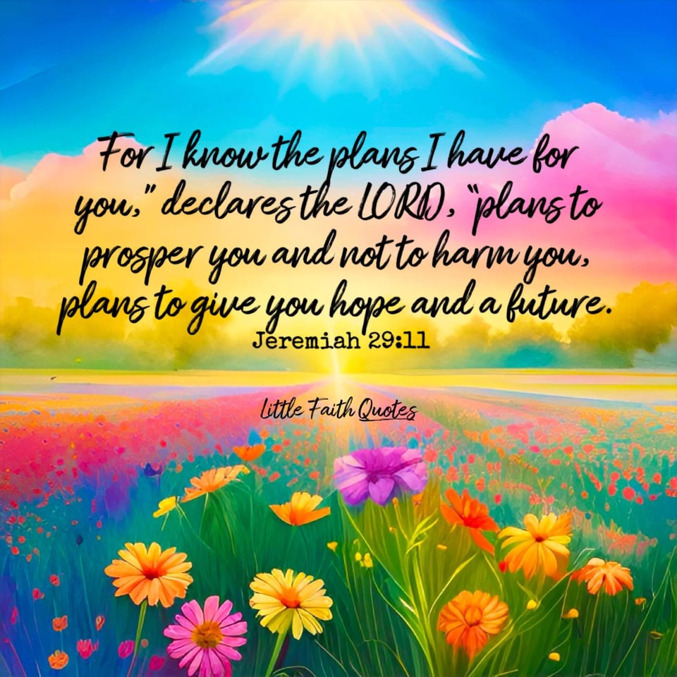 For I know the plans I have for you,” declares the LORD, “plans to prosper you and not to harm you, plans to give you hope and a future. ~Jeremiah 29:11. Image by: @Little Faith Quotes.