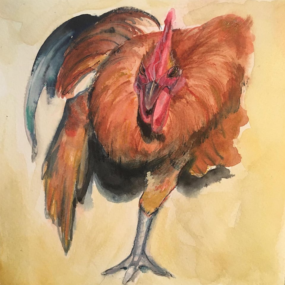 painting of a chicken doing a jaunty run