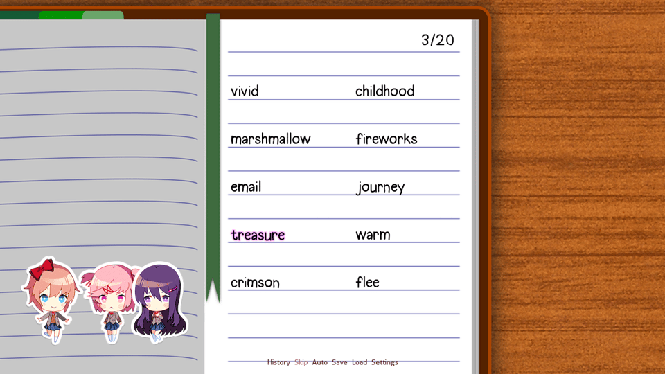 A screenshot of the player character's notebook choosing words that correspond to Sayori, Natsuki, and Yuri