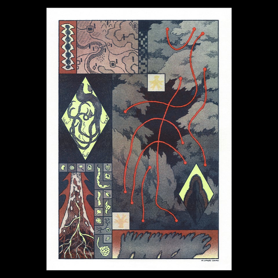 a riso print in moody dark blue-green, red, and yellow: in a large panel, lush trees & bushes give way to darkness, snaking red lines inscribed on the scene. smaller panels show fasciated plants & eyes, stretching hands, a cross section of flesh, a collection of seedpods & cells.