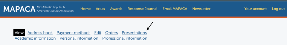 This is a screenshot of the account page with an arrow pointing to the Presentations link.