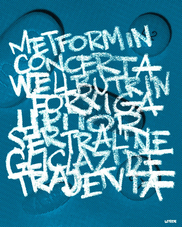A Procreate photo illustration called A Ttribute To My Meds: a black halftoned photo of medication on a blue background with the names of eight drug names scrawled over them in white.
