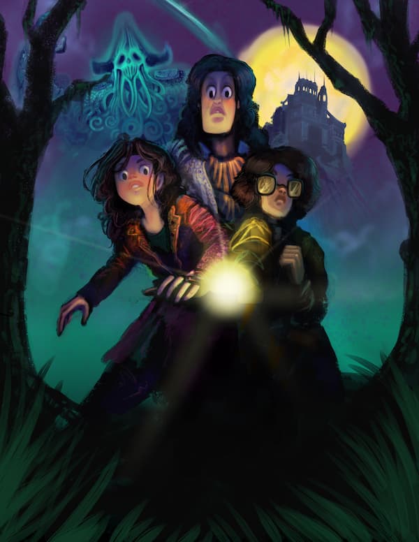 Three teenage investigators poke through spooky woods with a flashlight. In the background, a spectral pirate and a haunted factory loom.