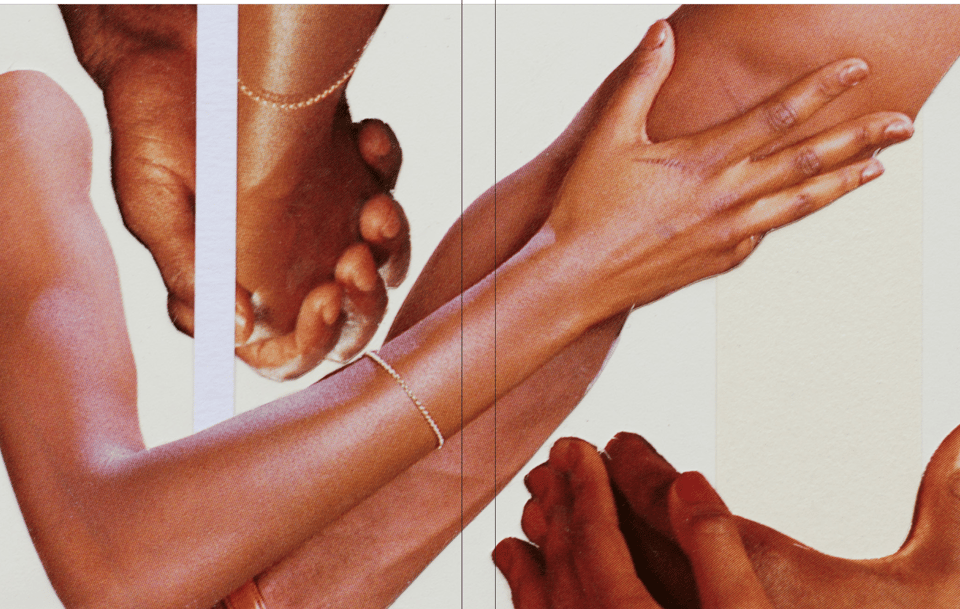 a magazine cover featuring collaged arms and hands on a white background