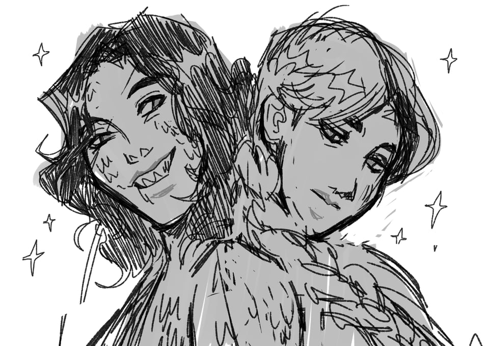 A black and white sketch of a feral-looking siren with dark wavy hair and razor sharp teeth and a somber looking human woman with a braid.