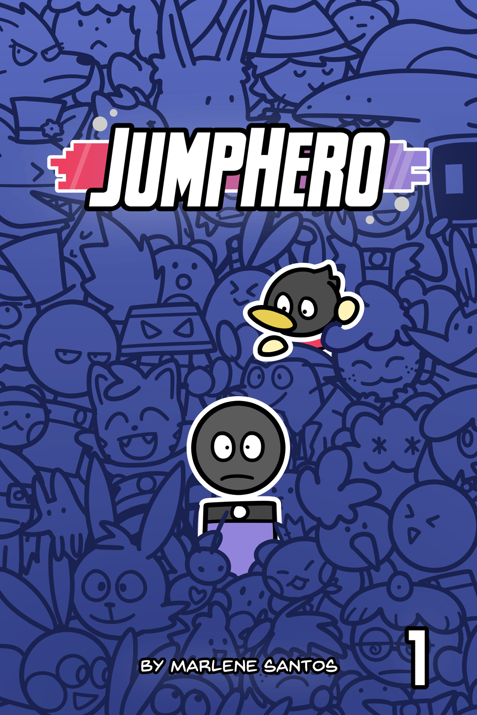 JumpHero Book 1 cover. Uptop and Downlow are surrounded by a crowd of various characters from the series.