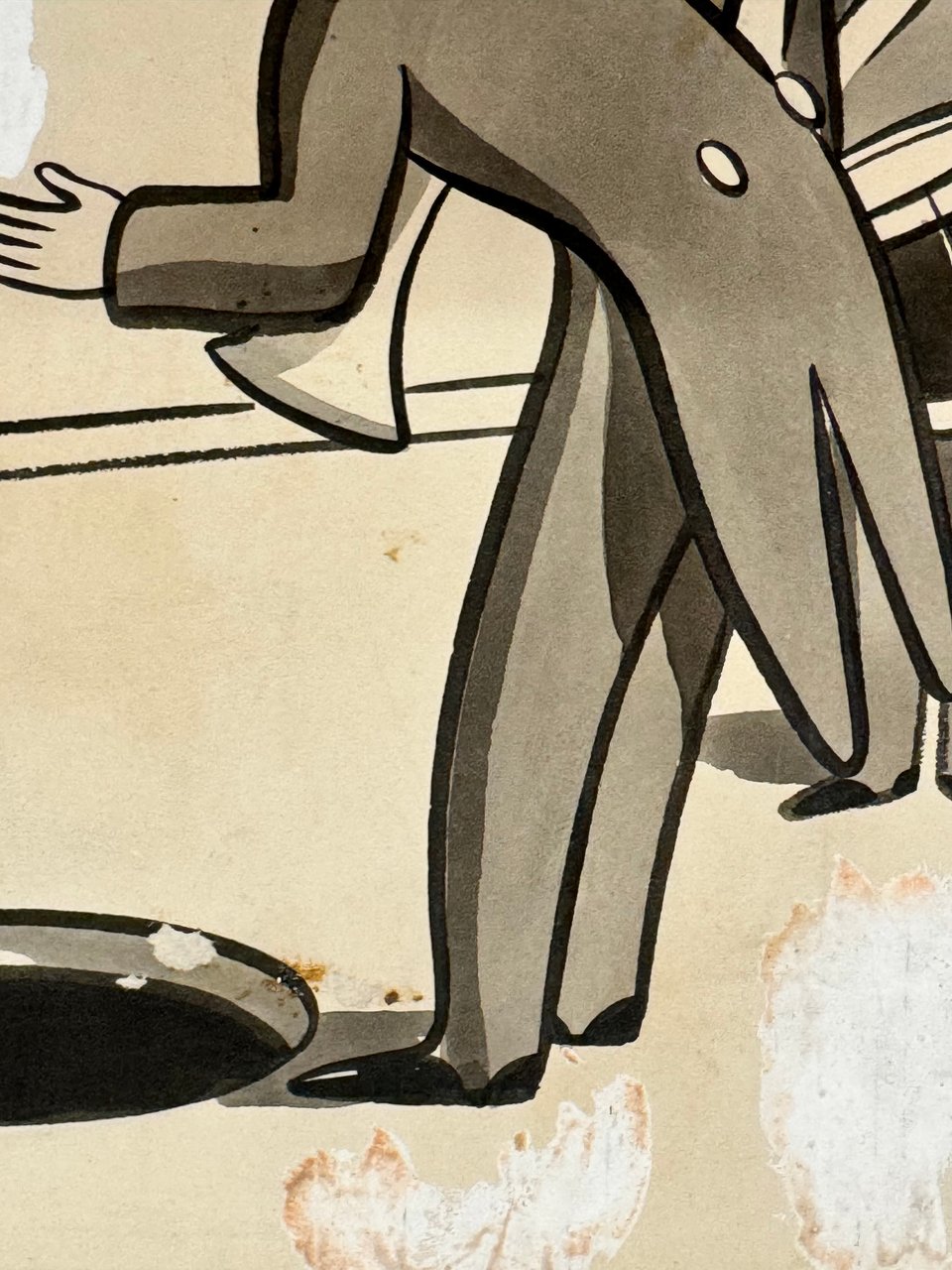 Chon Day original artwork showing portion of cartoon with man in tails leaning over an open street utility hole