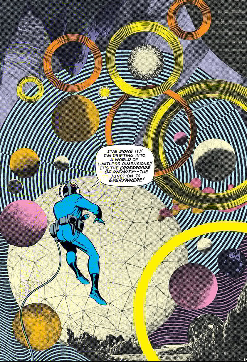 Splash page from Fantastic Four #51, art by Jack Kirby, dialogue by Stan Lee. Reed Richards enters the Negative Zone; the background is a collage.