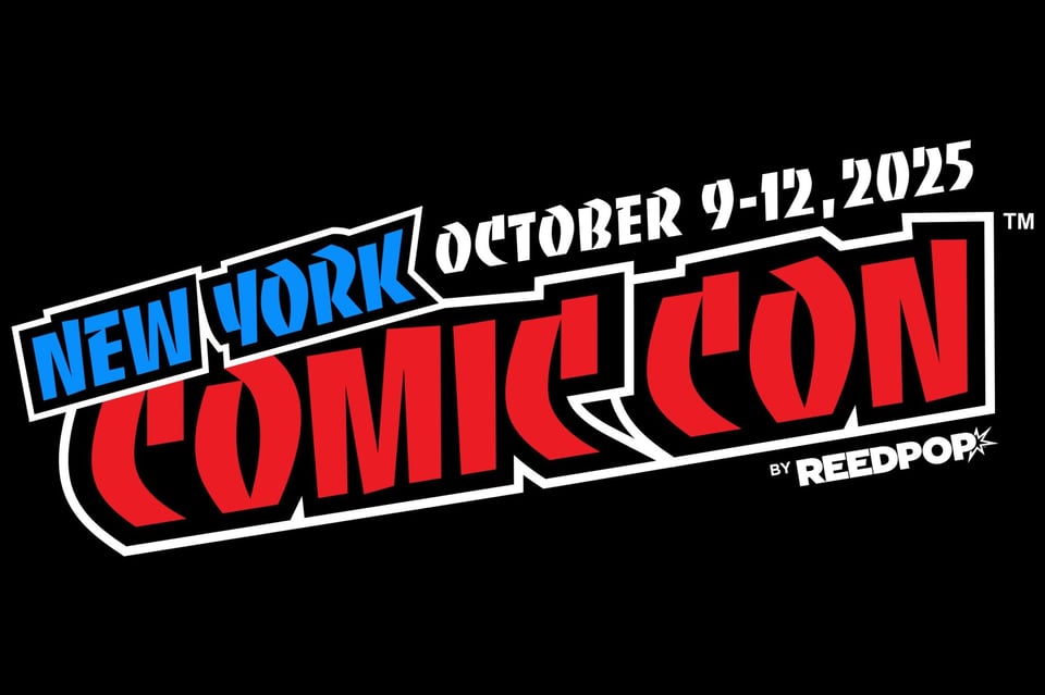 new york comic-con logo, red and blue on black, with the dates—october 9-12, 2025—and the 'by reedpop' logo in white