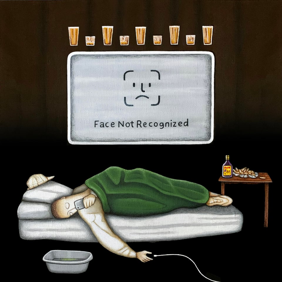 An artwork where a man lies in a bed trying to access his phone, a large screen above him says 'Face Not Recognized'