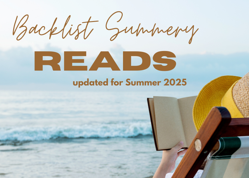woman sitting on beach lounger reading with text Backlist Summer Reads updated for Summer 2025