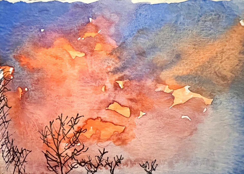 A water color painting of a sky at sunset