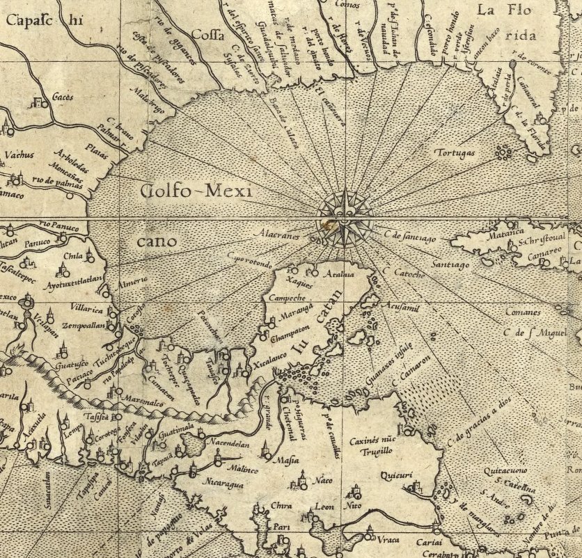 Detail from Mercator, Nova et Aucta Orbis Terrae Descriptio ad Usum Navigantium Emendate (1569), showing the Gulf of Mexico labelled as Golfo Mexicano. Wikimedia Commons.