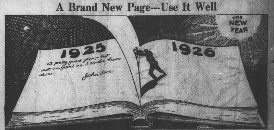 a newspaper cartoon shows a tiny person turning a page in the book of life, from 1925 to 1926