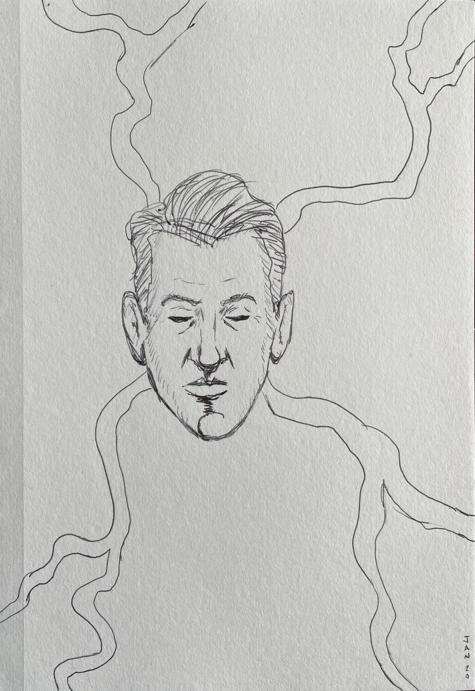 A rough sketch of a floating human head. Eyes closed. Behind the head, ambiguous lightning like energy shoots around