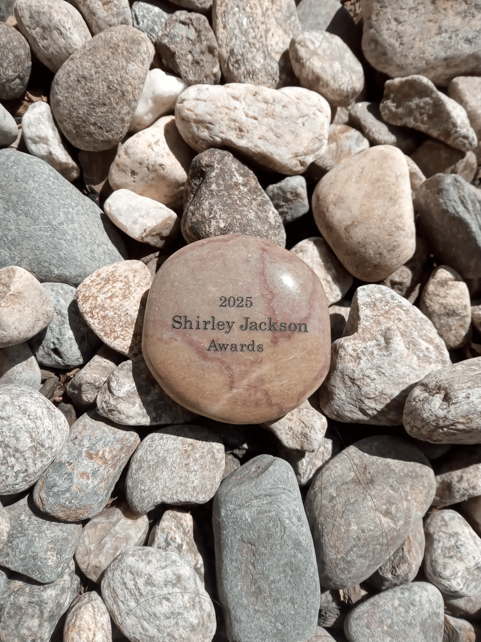 On the ground among rocks of varying shapes and shades of grey, a brown rock, tumbled smooth, inscribed with the words "2025 Shirley Jackson Awards"