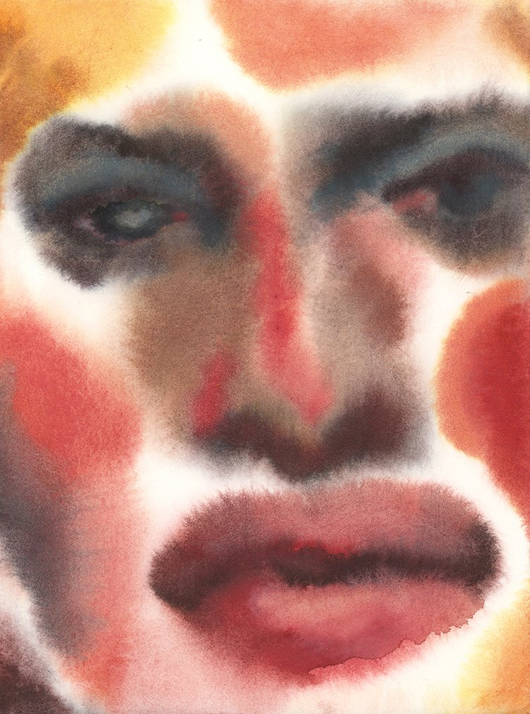 an expressive watercolor portrait of a moody face