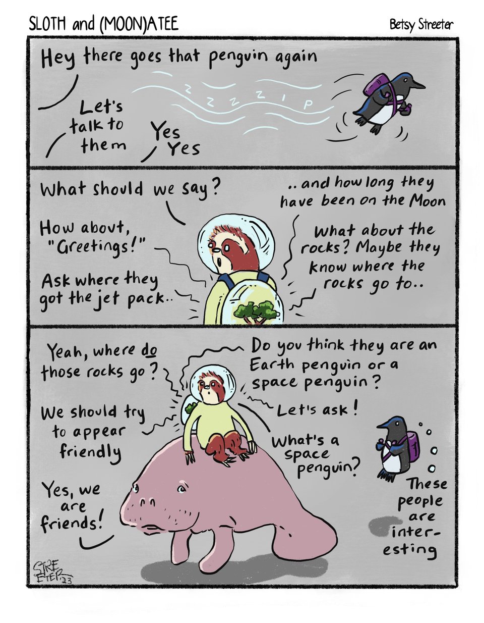 Sloth and Manatee cartoon in which there is a big discussion of how to talk to the penguin, while the penguin looks on, confused
