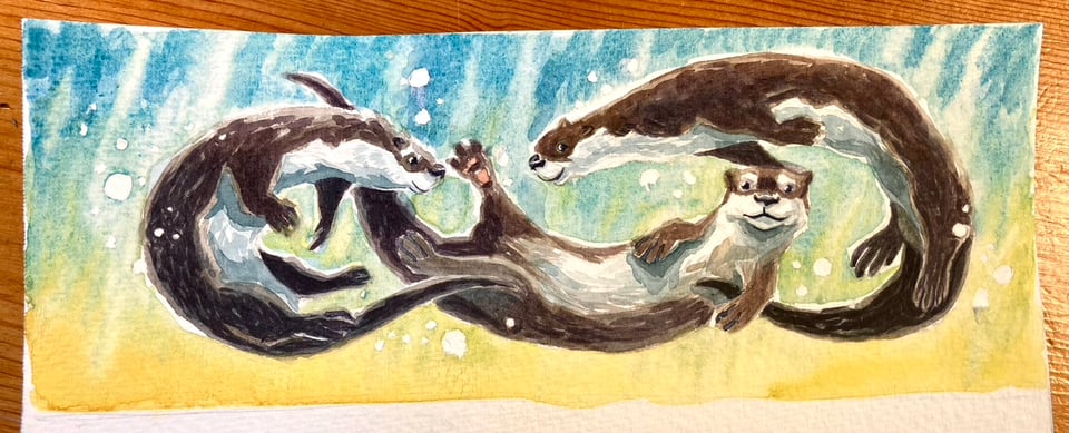 Three otters swimming in a watercolor painting.