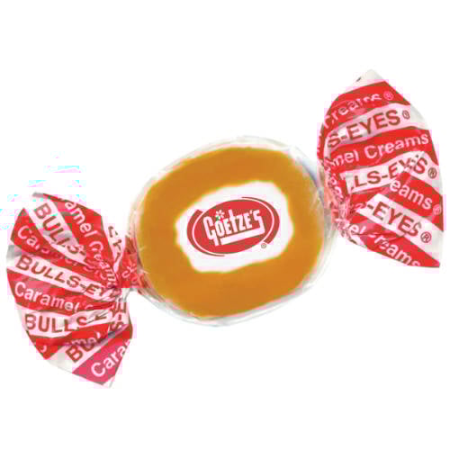 A single caramel cream in a wrapper with a deliciously chewy caramel exterior and a sweet cream interior...
