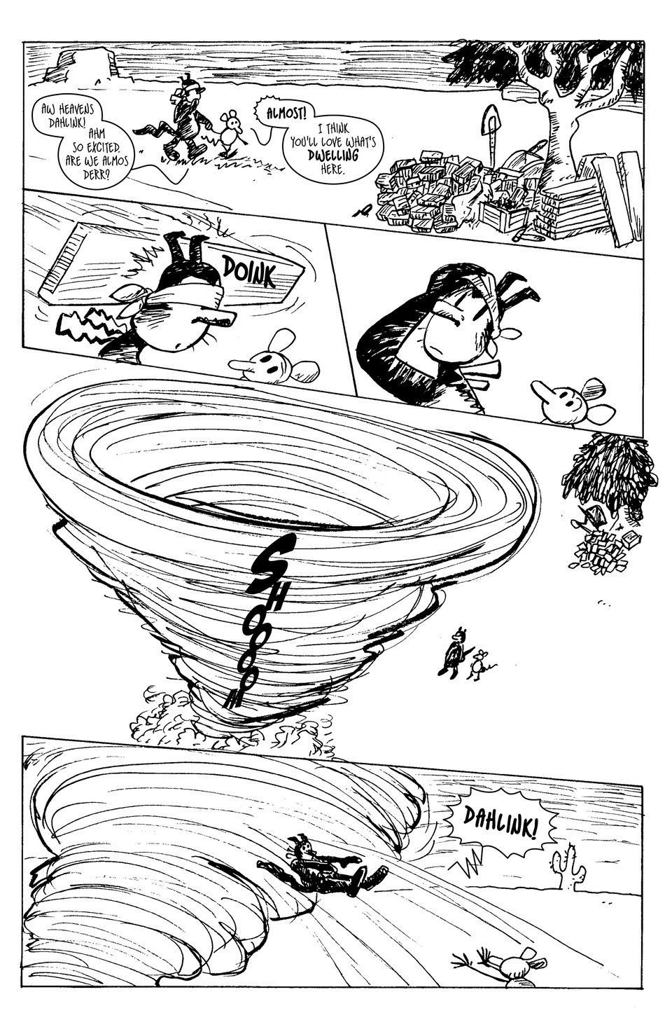 A black and white comic page. Krazy Kat is blindfolded and being led by Ignatz to a pile of wood and bricks when a tornado suddenly appears and sucks up Krazy.