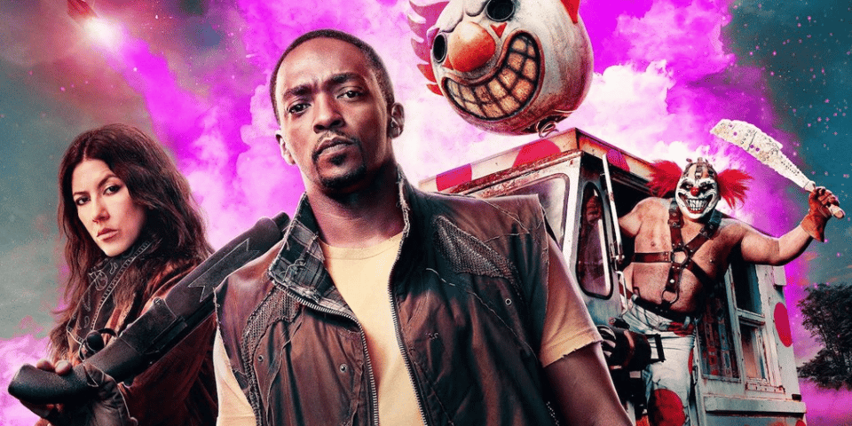 A pink explosion frames John Doe, Quiet and Sweet Tooth - characters from Twisted Metal.