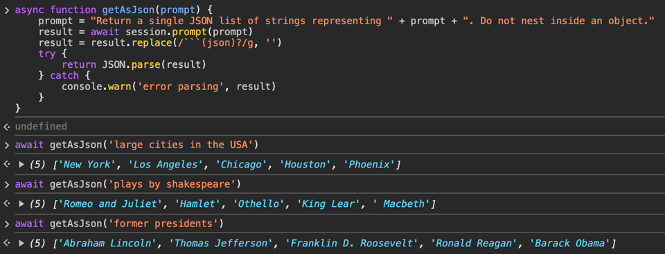 Gemini Nano generating lists of large cities, former presidents, and Shakespeare plays as JSON lists