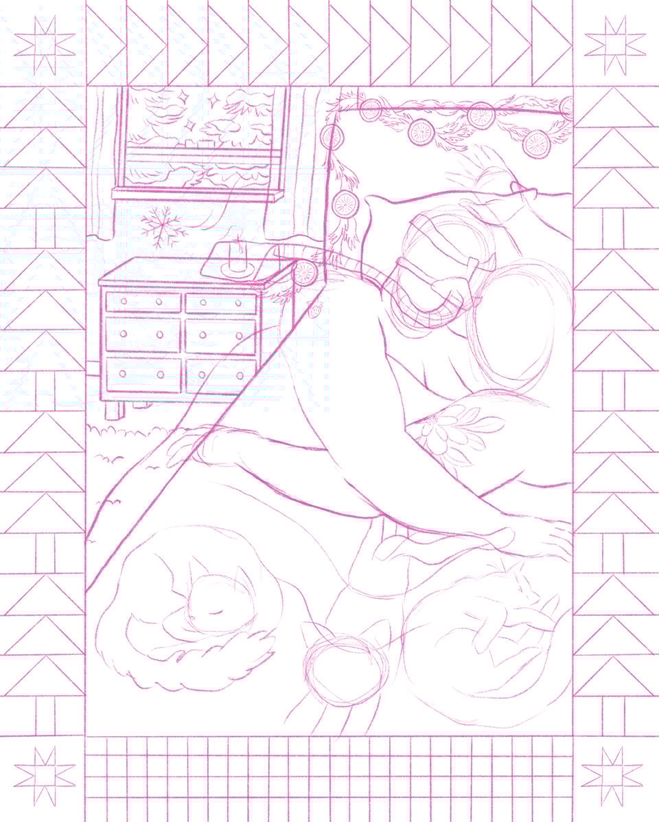 A work in progress sketched in pink pencil. The scene shows a quilt border around a fat, queer couple cuddling in bed on a snowy winter's night with three cats curled up asleep on top of the comforter. One person wears a CPAP mask.