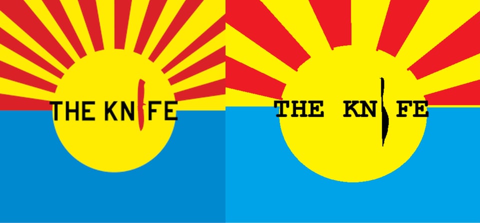 A yellow circle, sun-like, with rays of yellow and red emanating from it just on the top 180 degrees. The other 180 degrees below it is blue. In the circle, written in black, is THE KNIFE. The "I" in knife has been replaced by a red silhouette of a knife.