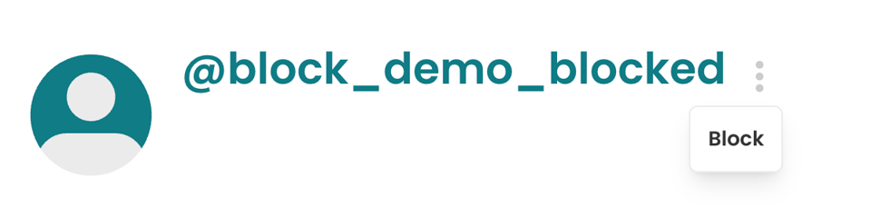 A StoryGraph user profile for @block_demo_blocked, with the three-dot menu open to reveal a “Block” option.