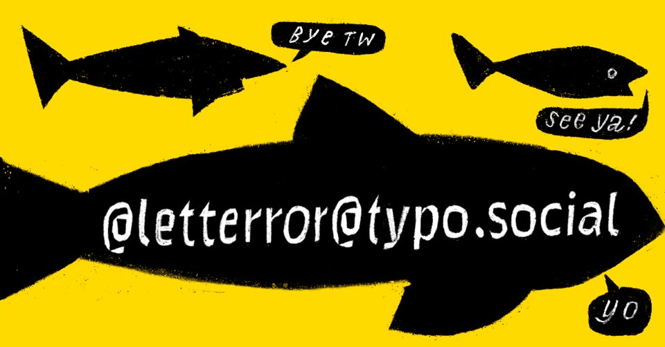 Three fish on a yellow background. On the biggest fish: my address on typo.social.