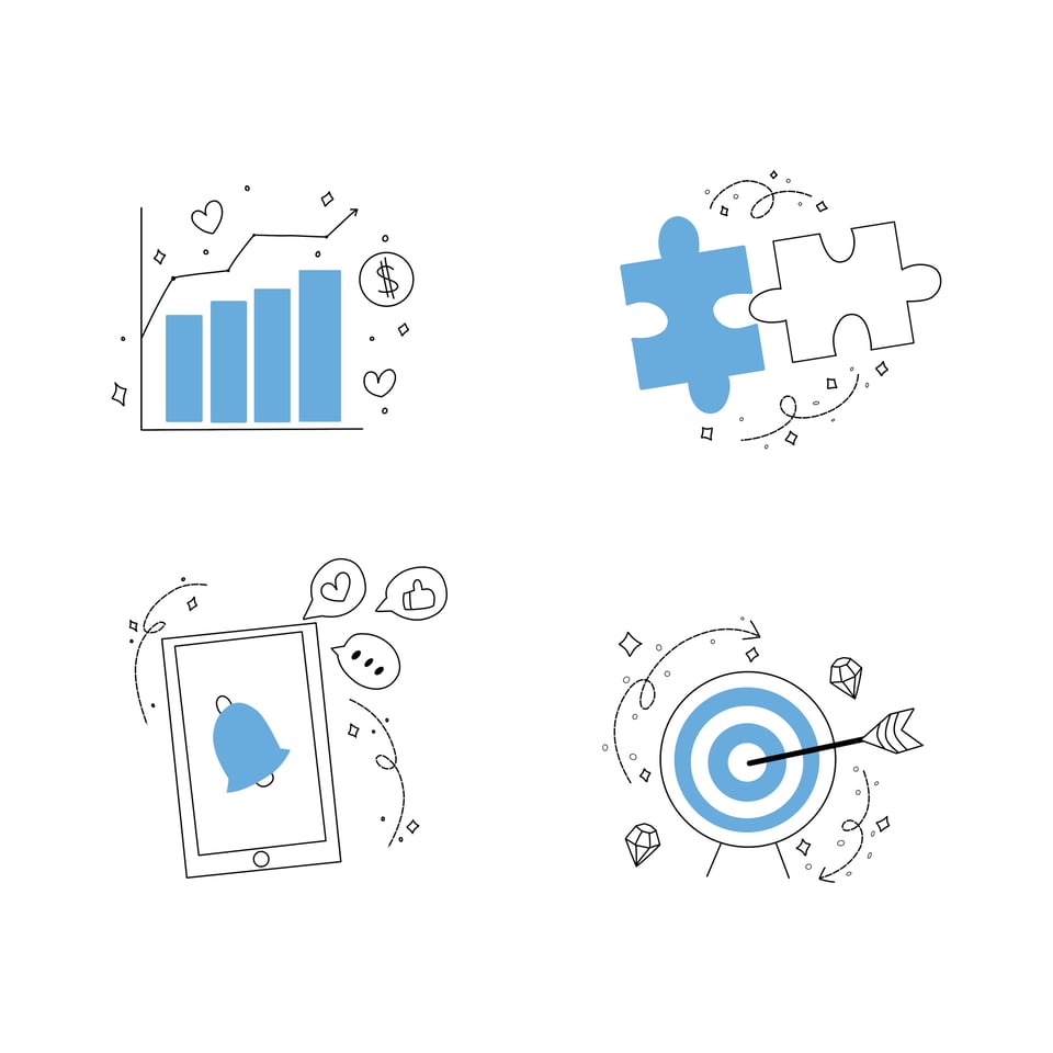 Doodle Set of Insight, Solution, Notification, and Goal Icons