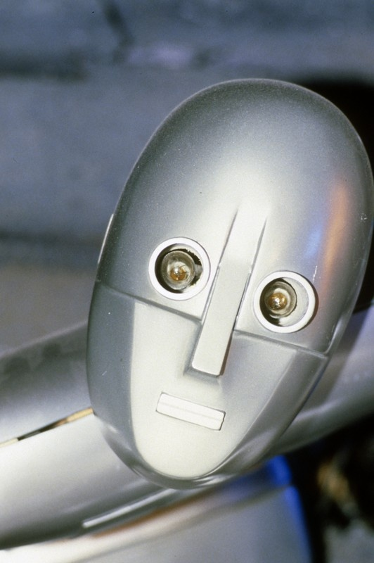 A close up photograph of the silver "Igor" robot from the Frankenstein scene described in earlier images.