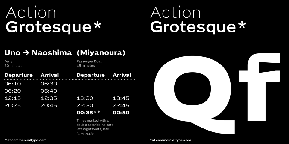 Action Grotesque used in a table showing departure times for a ferry. And a close up on the capital letter Q and lowercase f.