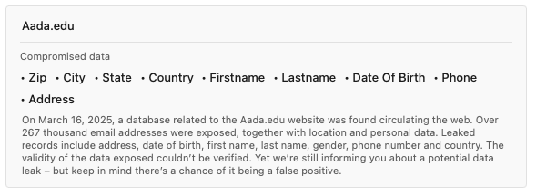 A screenshot of a leak notification of Aada.edu