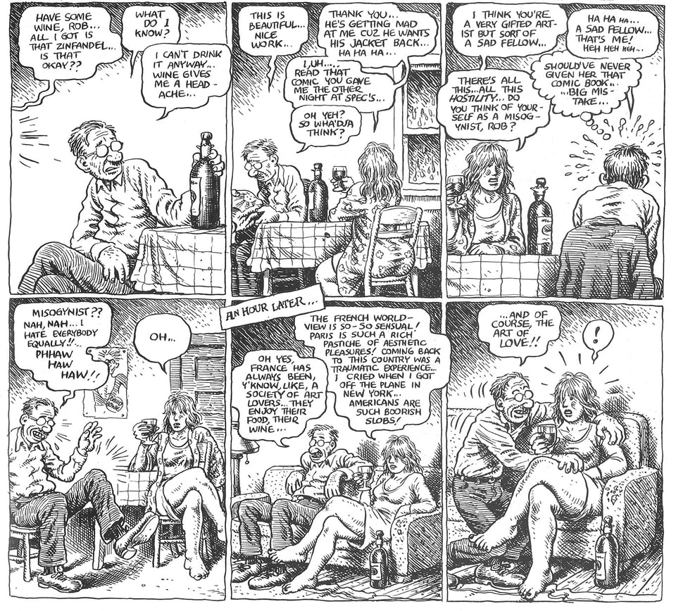 Six comics panels. Crumb speaks to a woman at a dining table and she asks if he's a misogynist.