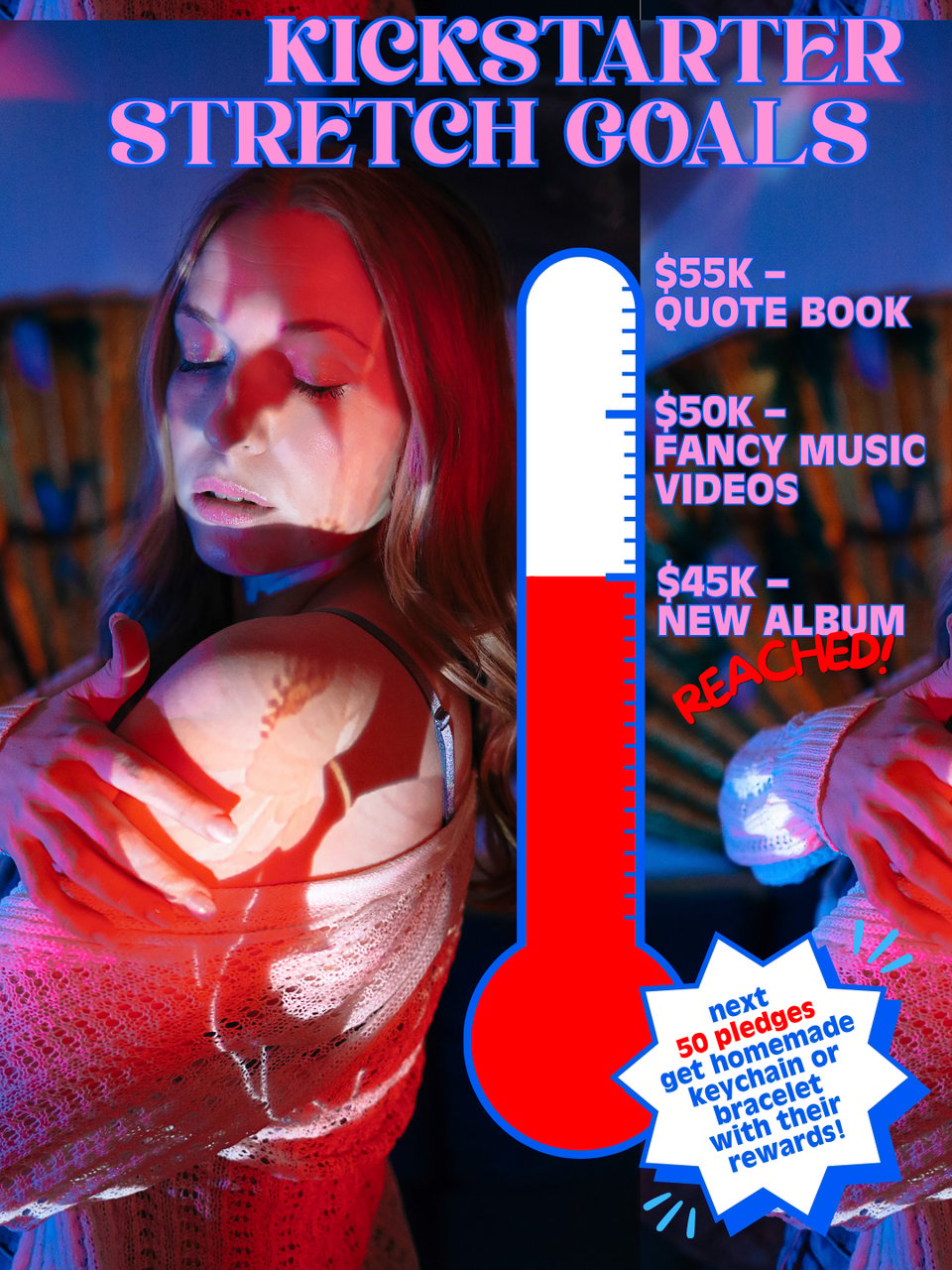 A graphic for Emily's Kickstarter stretch goals overlaid on a photograph of her with flowers projected onto her. The information on the graphic as as follows: The album has reach $45,000. $50,000 will fund more, better music videos for the album, and $55,000 will fund a stream quote book. The next 50 pledges get homemade keychain or bracelet with their rewards!