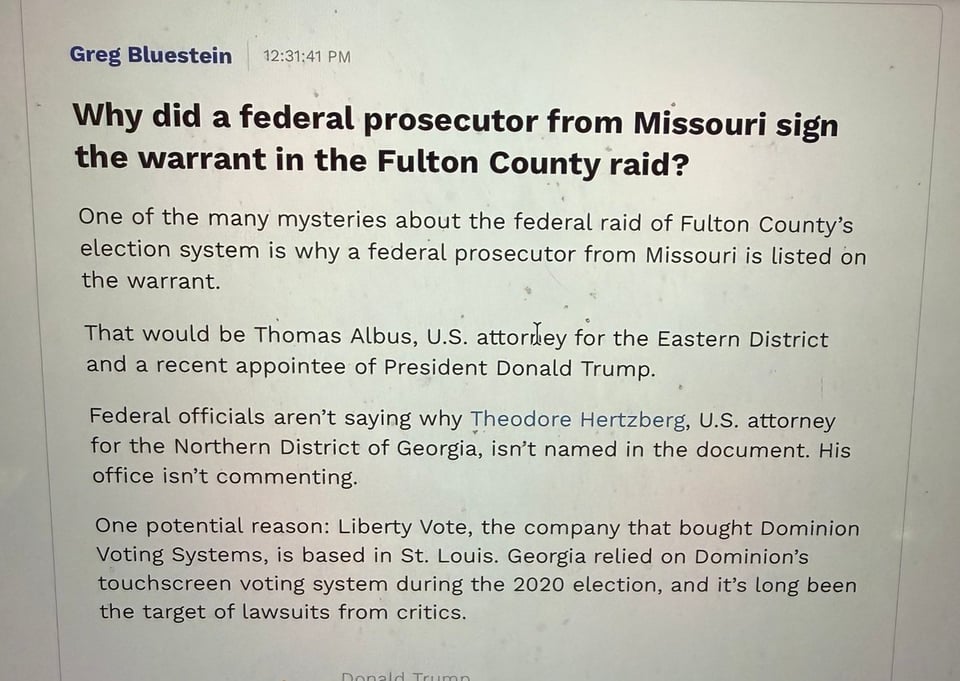 Why did a federal prosecutor from Missouri sign<br/>the warrant in the Fulton County raid?